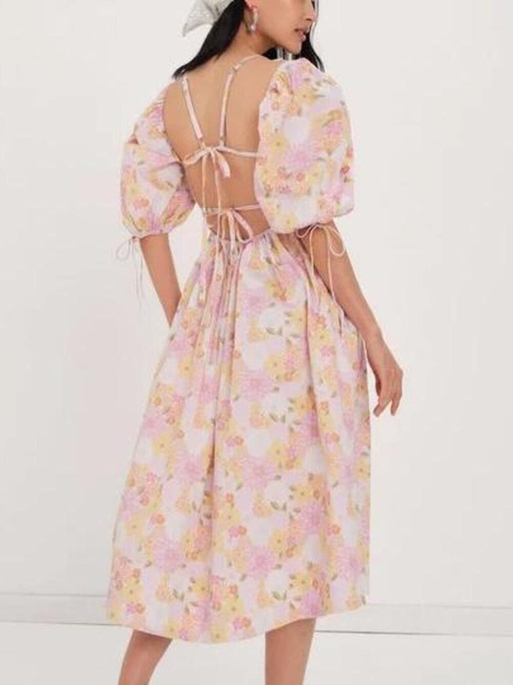 For Love and Lemons Floral Open Back Puff Sleeve Midi Carrie Dress NWT